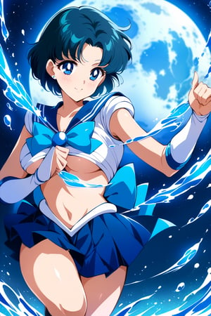 (masterpiece, best quality, very aesthetic, ultra detailed), intricate details, 4k, aamercury, smile, blue eyes, blue hair, short hair, parted bangs, blue skirt, miniskirt, pleated skirt, sailor collar, sailor senshi uniform, midriff, (underboob, upskirt), fighting stance, water magic, space background, (large blue moon in background), wide shot