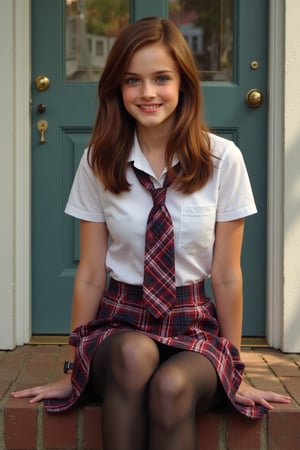 Alexis Bledel, smile, school_uniform, plaid skirt, miniskirt, dress_shirt, unbuttoned, stockings, pantyhose, long hair, sitting on front porch, legs_crossed, detailed photorealism style