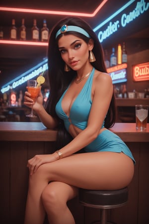 score_9, score_8_up, score_7_up, source_real, JasmineWaifu as nightclub bartender, very long hair, (wearing blue clubwear, jewelry, headband), sitting on bar, serving drinks, neon lights in background, (wide shot), looking at viewer