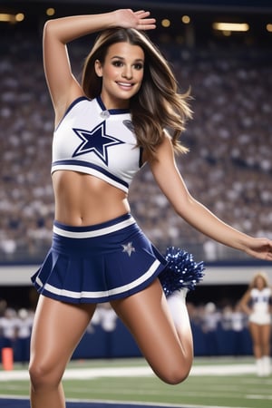 Lea Michele as Dallas Cowboys Cheerleader, sleeveless uniform, midriff, realistic moving hair, realistic skin texture, glistening skin, dynamic pose, jumping, pov from below, football field