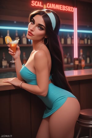 score_9, score_8_up, score_7_up, source_real, JasmineWaifu as nightclub bartender, very long hair, (wearing sexy modern clubwear, jewelry, headband), leaning over bar, serving drinks, neon lights in background, (wide shot), (side view), looking at viewer,JasmineWaifu