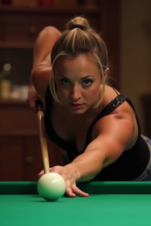 kaleycuoco playing billiards, ponytail, crop top, tight shorts, (looking at viewer)