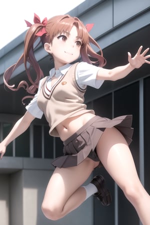 kuroko shirai, (smile, smirk:1.16) brown hair, long hair, (parted bangs:1.2), (brown eyes:1.2), ringlets, twintails, hair bow, bow, red bow, , black skirt, miniskirt, pleated skirt, unbuttoned collared shirt, dress shirt, armband, safety pin, school uniform, shirt, short sleeves, summer uniform, sweater vest, (midriff, cleavage:1.2), tokiwadai school uniform, twintails, white shirt, (brown sweater vest:1.2), (jumping from rooftop, upskirt), (masterpiece, highest quality:1.2)