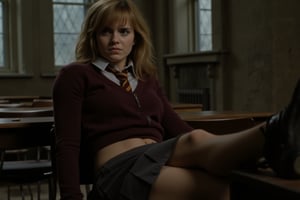 RAW photo of herm, (wearing hogwarts uniform:1.15), miniskirt, (visible midriff, navel), smug expression, dynamic pose, sitting in classroom, one leg up propped up on desk, hogwarts theme, castle background