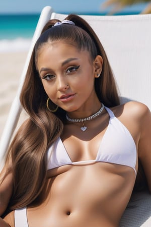 candid photo of Ariana Grande lying on beach_lounge_chair, revealing bikini, choker, long hair, glistening skin, barefoot, (wide shot), looking at viewer, realistic skin texture, bokeh, wide shot