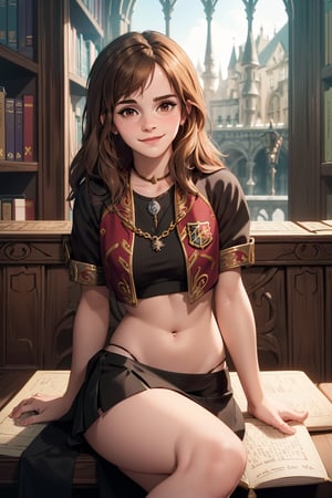 (masterpiece, best quality, ultra-detailed, 8K) Emma Watson, (hogwarts uniform, gryffindor) (smug smile:1.14), long hair, midriff, underboob, miniskirt, (detailed face, detailed eyes, both eyes the same, realistic skin texture, glistening skin), (holding book, reading book), sitting on table in library, closeup
