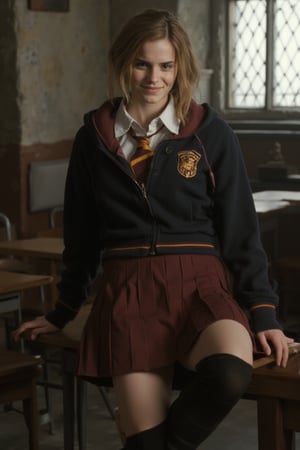 RAW photo of herm, (wearing hogwarts uniform:1.15), miniskirt, (visible midriff, navel), smug smile, dynamic pose, sitting in classroom, one leg up propped up on desk, hogwarts theme, castle background