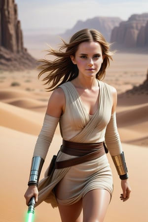 Emma Watson as jedi, long hair, smile,JediStyle, smooth skin, realistic skin texture, skin details, realistic moving hair, (thigh, cleavage:1.18) walking in desert, dynamic shot, closeup,