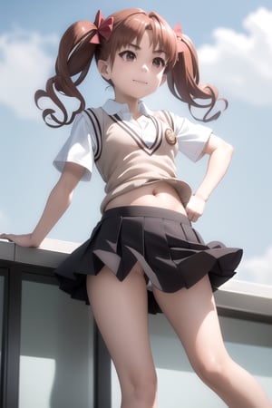 kuroko shirai, (smile, smirk:1.16) brown hair, long hair, (parted bangs:1.2), (brown eyes:1.2), ringlets, twintails, hair bow, bow, red bow, , black skirt, miniskirt, pleated skirt, (unbuttoned collared shirt:1.14), dress shirt, armband, safety pin, school uniform, shirt, short sleeves, summer uniform, sweater vest, (midriff, cleavage:1.2), tokiwadai school uniform, twintails, white shirt, (brown sweater vest:1.2), (jumping from rooftop, upskirt), (masterpiece, highest quality:1.2)