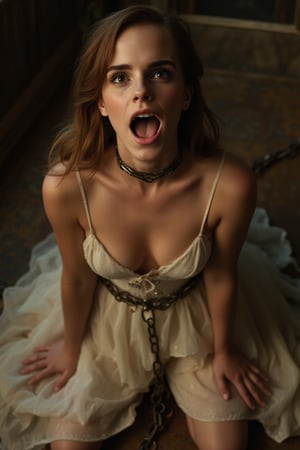 Emma Watson, slave bride kneeling in front of viewer, (metal slave collar, shackles:1.14), (skimpy wedding dress), (chained to the floor:1.18), looking up at viewer, mouth open, (tongue out), begging, pov from above