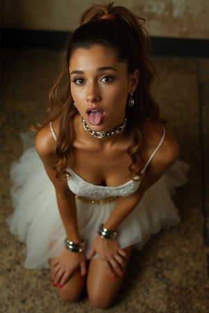 Ariana Grande, high ponytail slave bride kneeling in front of viewer, (begging:1.14) (metal slave collar, shackles:1.14), (skimpy wedding dress), (chained to the floor:1.18), looking up at viewer, mouth open, (tongue out), pov from above