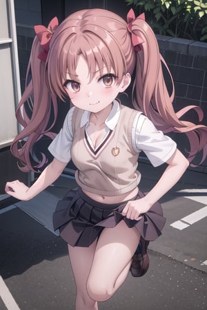 kuroko shirai, (smile, smirk:1.16) brown hair, long hair, (parted bangs:1.2), (brown eyes:1.2), ringlets, twintails, hair bow, bow, red bow, , black skirt, miniskirt, pleated skirt, (unbuttoned collared shirt:1.14), dress shirt, armband, safety pin, school uniform, shirt, short sleeves, summer uniform, sweater vest, (midriff, cleavage:1.2), tokiwadai school uniform, twintails, white shirt, (brown sweater vest:1.2), (jumping from rooftop, upskirt), (masterpiece, highest quality:1.2)