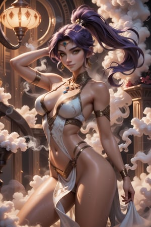 rating_explicit, score_9, score_8_up, score_7_up, beautiful sexy female genie of the lamp, smile, detailed face, high ponytail, purple hair, tan skin, gold eyes, sexy legs, glistening skin, sweat, (surrounded by smoke), floating, (fantasy aesthetic, detailed background:1.15), dynamic pose,FuturEvoLabVFX, wide_shot