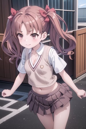 kuroko shirai, (smile, smirk:1.16) brown hair, long hair, (parted bangs:1.2), (brown eyes:1.2), ringlets, twintails, hair bow, bow, red bow, , black skirt, miniskirt, pleated skirt, (unbuttoned collared shirt:1.14), dress shirt, armband, safety pin, school uniform, shirt, short sleeves, summer uniform, sweater vest, (midriff, cleavage:1.2), tokiwadai school uniform, twintails, white shirt, (brown sweater vest:1.2), (jumping from rooftop, upskirt), (masterpiece, highest quality:1.2)