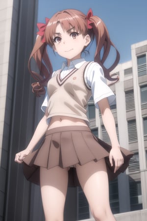 kuroko shirai, (smile, smirk:1.16) brown hair, long hair, (parted bangs:1.2), (brown eyes:1.2), ringlets, twintails, hair bow, bow, red bow, , black skirt, miniskirt, pleated skirt, unbuttoned collared shirt, dress shirt, armband, safety pin, school uniform, shirt, short sleeves, summer uniform, sweater vest, (midriff, cleavage:1.2), tokiwadai school uniform, twintails, white shirt, (brown sweater vest:1.2), (jumping from rooftop, upskirt), (masterpiece, highest quality:1.2)