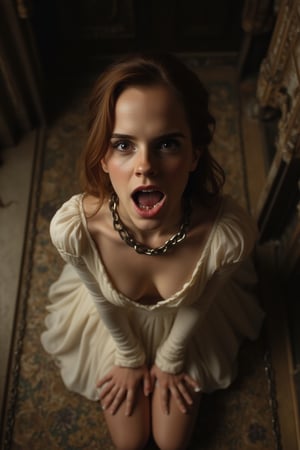 desperate Emma Watson, slave bride kneeling in front of viewer, (metal slave collar, shackles:1.14), (skimpy wedding dress), (chained to the floor:1.18), looking up at viewer, mouth open, (tongue out), pov from above