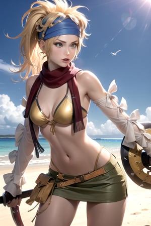 RikkuX2, blue headband, yellow bikini, scarf, skirt, navel, detached sleeves, bikini top only, holding weapon, dynamic pose, beach, detailed background