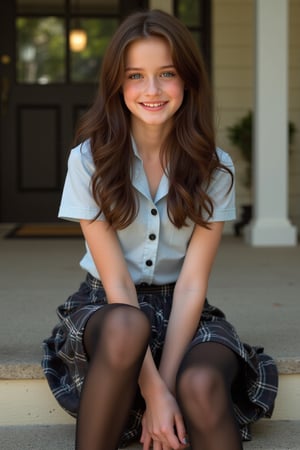 Alexis Bledel, smile, school_uniform, plaid skirt, miniskirt, dress_shirt, unbuttoned, stockings, pantyhose, long hair, sitting on front porch,detailed photorealism style