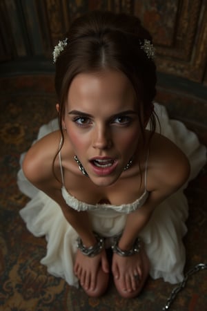 Emma Watson, slave bride kneeling in front of viewer, (metal slave collar, shackles:1.14), (skimpy wedding dress), (chained to the floor:1.18), looking up at viewer, mouth open, (tongue out), begging, pov from above