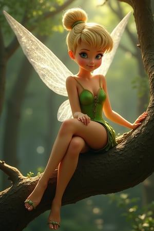 Tinkerbell sitting on branch of tree one leg up, dress (thigh, midriff), looking at viewer, realistic skin texture