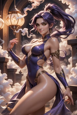 rating_explicit, score_9, score_8_up, score_7_up, beautiful sexy female genie of the lamp, smile, detailed face, high ponytail, purple hair, tan skin, gold eyes, sexy legs, glistening skin, sweat, (surrounded by smoke), floating, (fantasy aesthetic, detailed background:1.15), dynamic pose,FuturEvoLabVFX, wide_shot