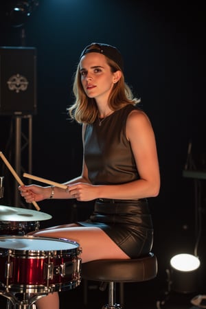 Emma Watson as drummer, sitting, playing drums on stage, sleeveless shirt, leather miniskirt, backwards baseball cap, holding drumbsticks, dynamic pose, wide shot, facing viewer