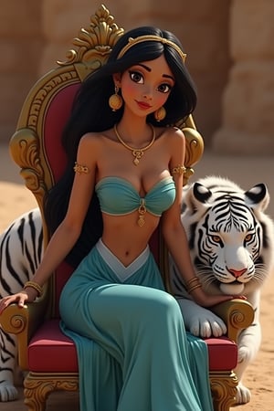 Disney's Princess Jasmine sitting on throne in the desert next to white tiger, blue harem outfit, legs crossed, (thigh, midriff), looking at viewer, realistic skin texture