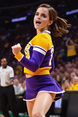 Emma Watson as Lakers Cheerleader, brunette hair, looking back at viewer, dynamic pose, jumping, pov from below