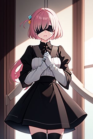 masterpiece, best quality, highres,gotu1, hm2b, black skirt,  eyes_covered, clothing cutout, long sleeves, puffy sleeves, juliet sleeves, black thighhighs, black gloves,light, 2b_outfit, blindfold,gotou1, hitori gotou, pink