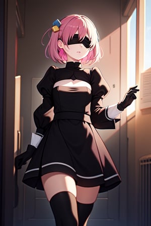 masterpiece, best quality, highres,gotu1, hm2b, black skirt, clothing cutout, long sleeves, puffy sleeves, juliet sleeves, black thighhighs, black gloves,light, 2b_outfit, blindfold,gotou1, hitori gotou, pink