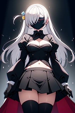 masterpiece, best quality, highres,hm2b, black skirt,  eyes_covered, clothing cutout, long sleeves, puffy sleeves, juliet sleeves, black thighhighs, black gloves, covered navel,light, 2b_outfit, blindfold,gotou1, hitori gotou