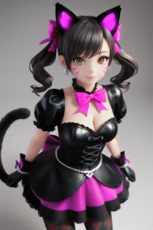 masterpiece, best quality, highres,twintails, hair bow, animal ears, whisker markings, heart earrings, cat tail, bowtie, pink bow, cleavage, gothic, black dress, short sleeves, puffy sleeves, black gloves, purple skirt, argyle, pantyhose skirt,, smile,3D, aahana