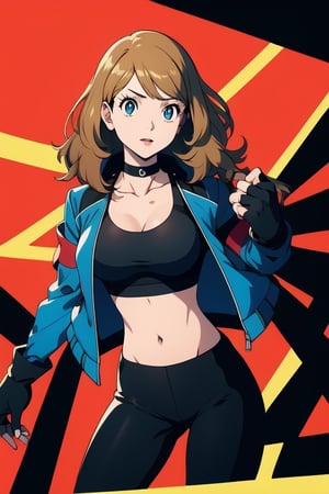 masterpiece, best quality, highres, bbserena, large breasts, black choker, collarbone, blue jacket, cropped jacket, open jacket, sports bra, midriff, fingerless gloves, black gloves, black pants,