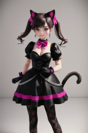 masterpiece, best quality, highres,twintails, hair bow, animal ears, whisker markings, heart earrings, cat tail, bowtie, pink bow, cleavage, gothic, black dress, short sleeves, puffy sleeves, black gloves, purple skirt, argyle, pantyhose skirt,, smile,3D, aahana