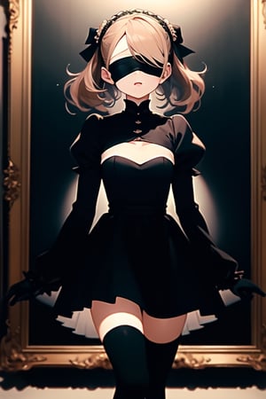 masterpiece, best quality, black blindfold, clothing cutout, long sleeves, puffy sleeves, juliet sleeves, feather trim, black thighhighs, black gloves, black dress, black skirt,hy1,portrait, Bandage over eyes