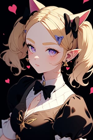 masterpiece,4k, best quality, blonde hair, twintails, hair bow, animal ears, whisker markings, heart earrings, cat tail, bowtie, pink bow, cleavage, gothic, black dress, short sleeves, puffy sleeves, black gloves, purple_skirt, argyle, white_pantyhose, aazelda,portrait