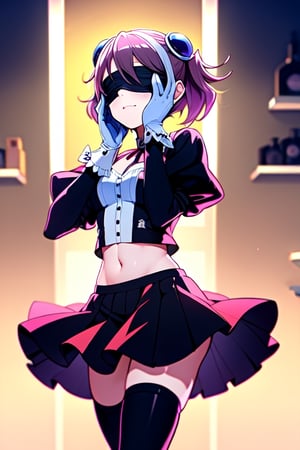 masterpiece, best quality, highres, hy1, hiragi yuzu, hm2b, black skirt, clothing cutout, long sleeves, puffy sleeves, juliet sleeves, black thighhighs, black gloves, covered navel,light, 2b_outfit ,blindfold, ,hy1