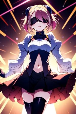 masterpiece, best quality, highres, hy1, hiragi yuzu, hm2b, black skirt, clothing cutout, long sleeves, puffy sleeves, juliet sleeves, black thighhighs, black gloves, covered navel,light, 2b_outfit ,blindfold, ,hy1