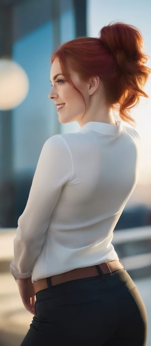Generate hyper realistic image of a woman with long, red hair cascading down her back in a sleek ponytail, her pale skin glowing as she looks directly at the viewer with a charming smile and closed mouth. She stands confidently with a hand on her hip, dressed in a short white shirt with long sleeves and matching pants, accentuating her hourglass figure, round derrière, and ample bust.
