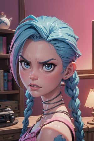 High angle camera shot Digital portrait art of a Jinx, from the film Arcane, blue hair, League Of Legends, inside her room, pink gradient lighting, looking up, at the viewer,  Arcane:League of Legends TV Series 2021 , angry, high angle view,JinxLol,3d