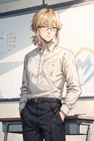 Light wheat colored hair,short pony tail, long torso,golden eyes,circular glasses, yellow and white, vivid colors, Passive look, quiet,slight smile, white buttoned shirt,tall and thin,hands in pocket, 2 meters high,teacher,full_body,classroom,teacher_desk,ray tracing, wavy hair, 25 year old, mature_man, midjourney,Arthur,
