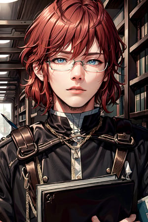 Highly detailed, High quality, Masterpiece, Beautiful, 1boy, solo, red-hair, black tunic with white details, blue_eyes, Arthur, dark theme, hair_tied, school, library, glasses, holding a closed book, sharp features, eyes_squinted, slight smile, portrait, seductive look, defiant aura, pencil on lips