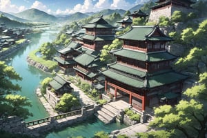 Master Piece,Extreme detailed,Best Quality,masterful, 

Ancient Asian town
Green-roofed gate
Traditional houses
Stone wall
Open fields
Rolling hills
Bright sky
Sun
River or moat
Trees