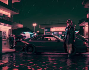 (high quality, masterpiece), vprwve_wnchlora, 1girl, (solo, dress, sexy), stand, jacket, scenery, car beside, building, night, (depth of field)