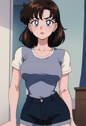 Miki Saegusa, curly short bob curvy bang brown hair, brown eyes, curvy wide hips, Bootylicious, Brown vest, white shirt, short sleeves, earrings, boots, grey pants, bedroom, masterpiece,  best quality,  detailed face,  detailed eyes,  highres, 80s Anime ,EPTakeuchiNaokoStyle
