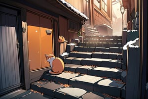 In a quiet alley in winter, a little orange cat curled up on the cold stone steps. It screamed like it was looking for something.