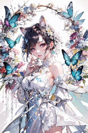 1girl, solo, breasts, looking at viewer, short hair, bangs, black hair, hair ornament, thighhighs, dress, animal ears, bare shoulders, jewelry, tail, flower, earrings, parted lips, detached sleeves, hair flower, lips, blue dress, watermark, bug, butterfly, finger to mouth, blue thighhighs, blue butterfly