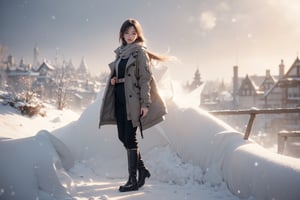 Masterpiece, top quality. Create a high-quality, hyper-realistic, and beautifully styled image of a 30-year-old woman. She is petite with a long ponytail and choppy bangs, silver hair, dressed in a winter coat and warm trousers, and wearing snow boots. She is standing in a serene, snow-covered landscape, surrounded by a magical winter wonderland. She possesses magical abilities, and in her palm, she conjures a flame, gazing at it with a gentle smile.

outdoors, dynamic, highly detailed, concept art, smooth, sharp focus.,Realistic.,YAMATO