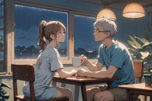 Masterpiece, top quality,1girl and 1 boy, the girl with brown hair and long ponytail,  choppy bangs, thick frame glasses . the boy with silver short hair. they wear short T-shirt and short pants.

It's raining,downpour, the girl sit on the chair, look at the window, she hold a cup of coffee, the boy kiss the girl, with great tenderness, happiness.

Indoors, Night, dynamic, highly detailed, concept art, smooth, sharp focus.