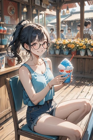 Masterpiece, top quality, 1 girl, smile, long ponytail, choppy bangs, black hair, black thick frame glasses, tank top and short pants. 

It's hot outside, she is eating Shaved ice in the shop with beautiful windaows and flowers, sitting on the chair. happy smile.


Indoors, dynamic, highly detailed, concept art, smooth, sharp focus.